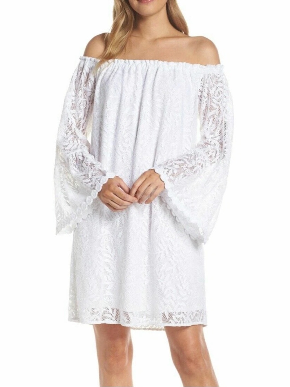 Lilly Pulitzer Nevie Dress M Resort White Lace Off Shoulder Bell Sleeve